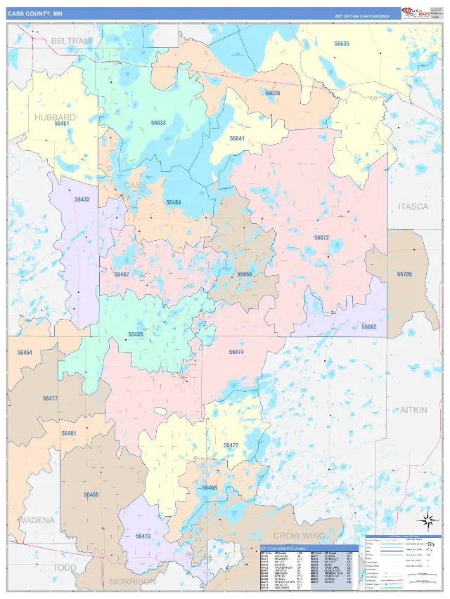 Cass County, MN ZIP Code Wall Map, ColorCast style