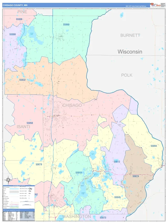 Chisago County, MN ZIP Code Wall Map, ColorCast style
