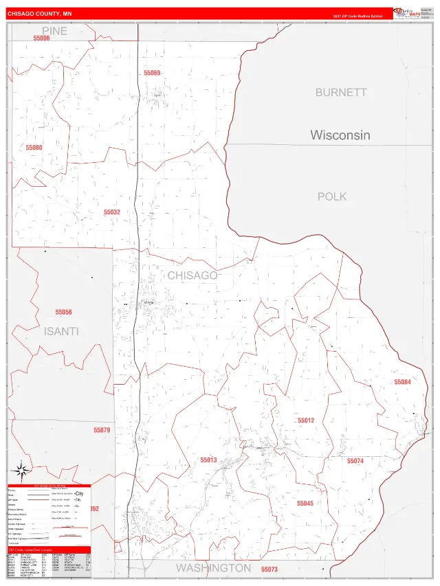 Chisago County, MN ZIP Code Wall Map, RedLine style