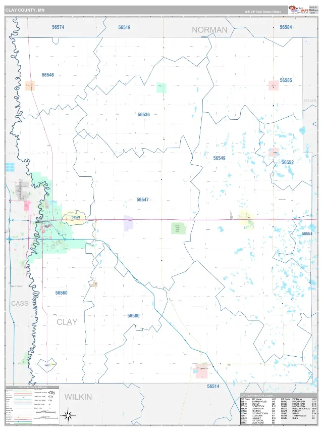 Clay County, MN ZIP Code Wall Map, Classic style