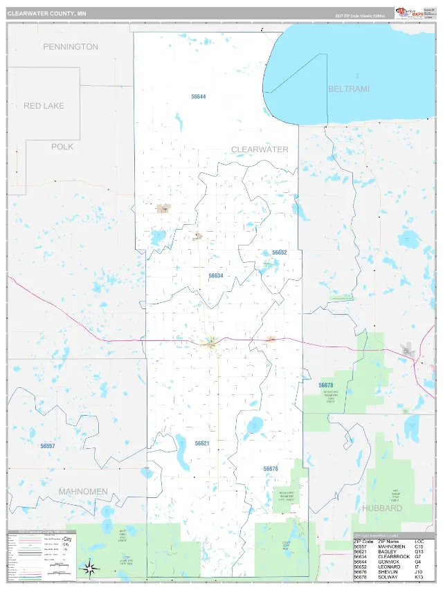 Clearwater County, MN ZIP Code Wall Map, Classic style