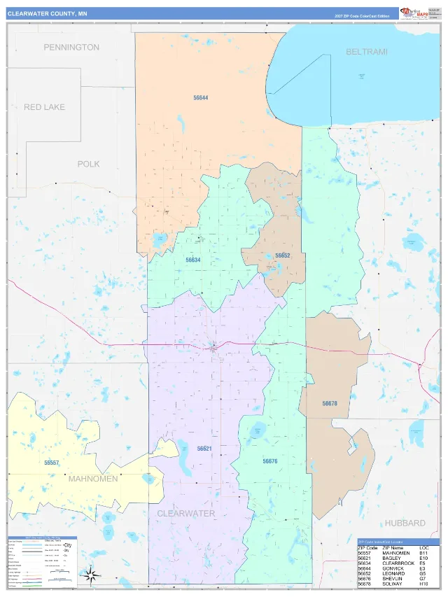Clearwater County, MN ZIP Code Wall Map, ColorCast style