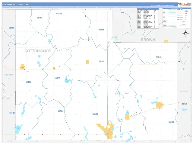 Cottonwood County, MN ZIP Code Wall Map, Business Reference style