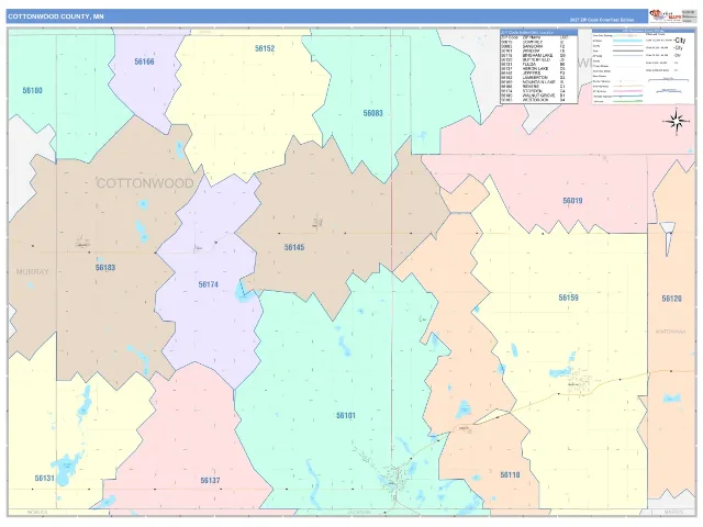 Cottonwood County, MN ZIP Code Wall Map, ColorCast style