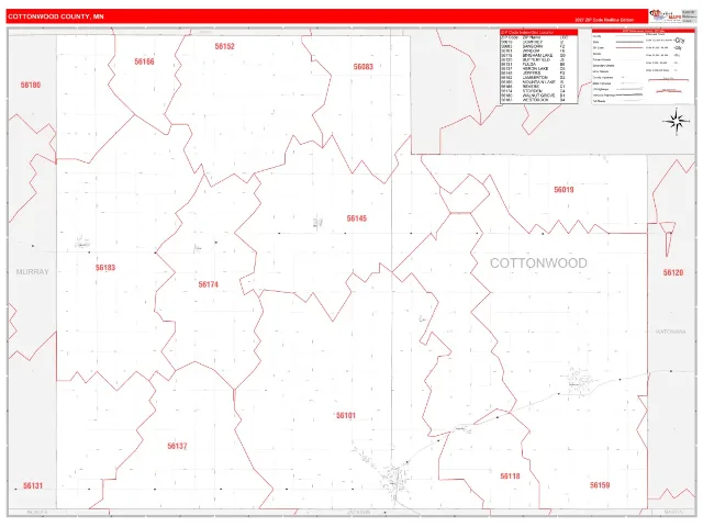 Cottonwood County, MN ZIP Code Wall Map, RedLine style