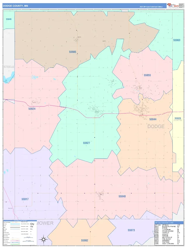 Dodge County, MN ZIP Code Wall Map, ColorCast style