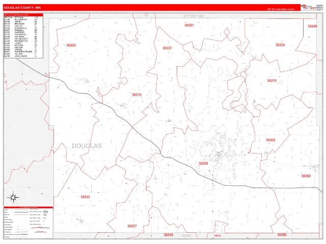 Douglas County, MN ZIP Code Wall Map, RedLine style