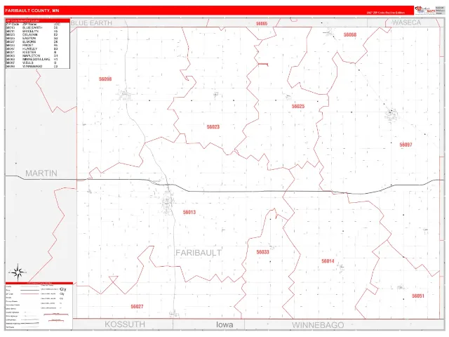 Faribault County, MN ZIP Code Wall Map, RedLine style