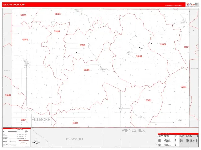 Fillmore County, MN ZIP Code Wall Map, RedLine style