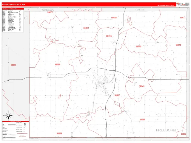 Freeborn County, MN ZIP Code Wall Map, RedLine style