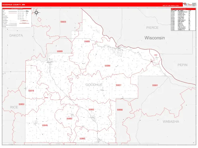 Goodhue County, MN ZIP Code Wall Map, RedLine style