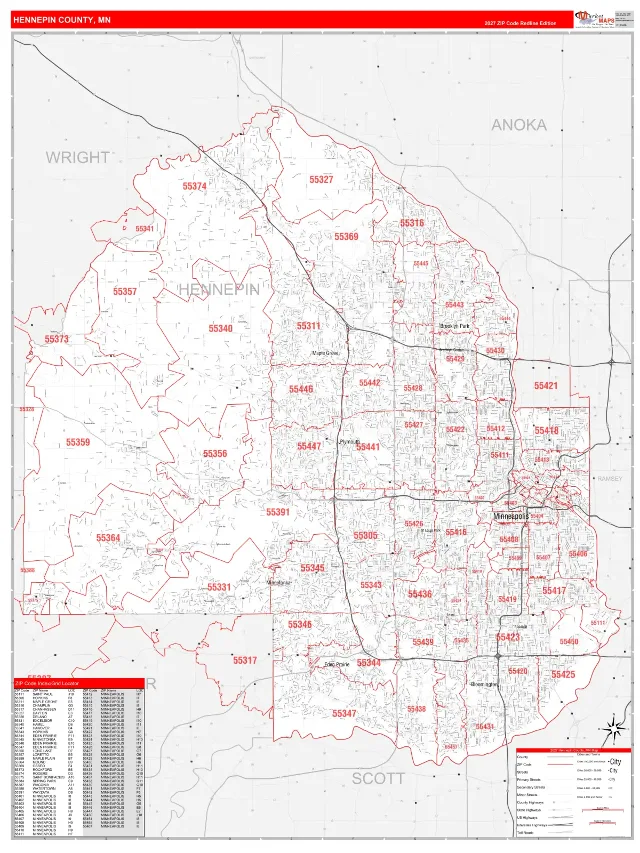 Hennepin County, MN ZIP Code Wall Map, RedLine style