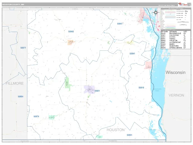 Houston County, MN ZIP Code Wall Map, Classic style