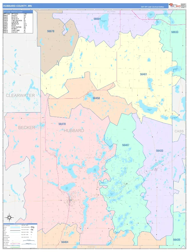 Hubbard County, MN ZIP Code Wall Map, ColorCast style