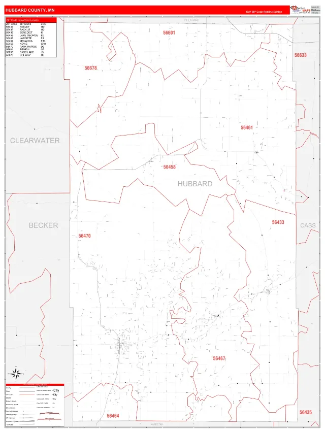 Hubbard County, MN ZIP Code Wall Map, RedLine style