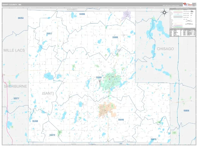 Isanti County, MN ZIP Code Wall Map, Classic style