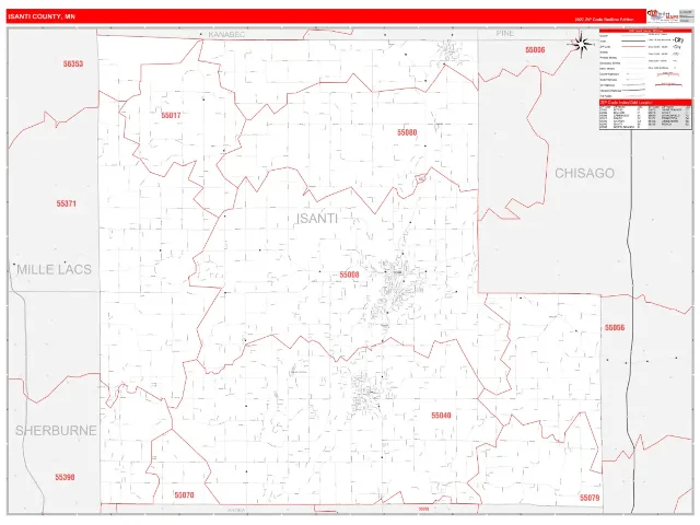 Isanti County, MN ZIP Code Wall Map, RedLine style