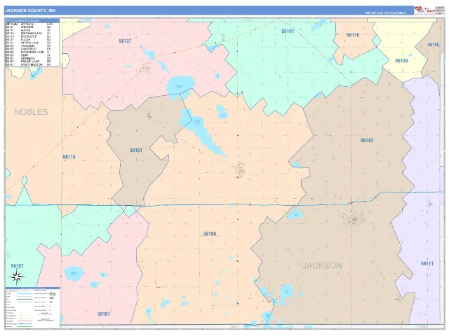 Jackson County, MN ZIP Code Wall Map, ColorCast style