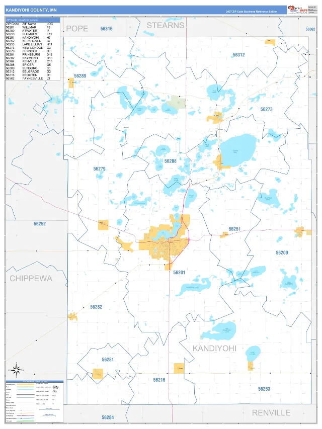 Kandiyohi County, MN ZIP Code Wall Map, Business Reference style