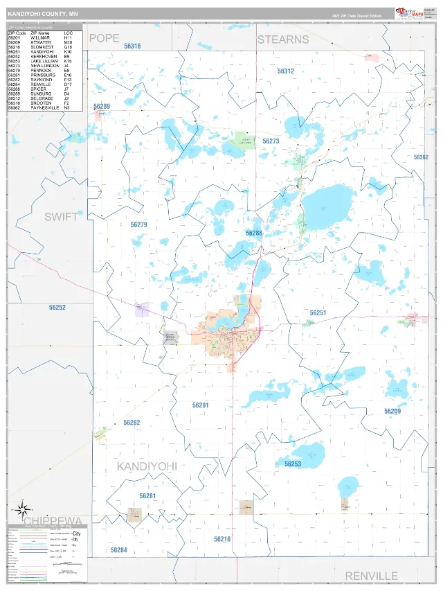 Kandiyohi County, MN ZIP Code Wall Map, Classic style