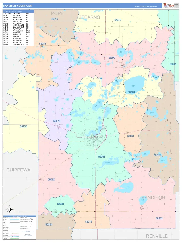Kandiyohi County, MN ZIP Code Wall Map, ColorCast style