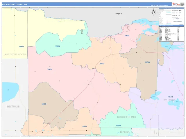 Koochiching County, MN ZIP Code Wall Map, ColorCast style