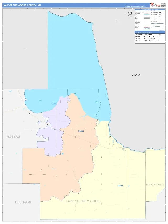 Lake of the Woods County, MN ZIP Code Wall Map, ColorCast style