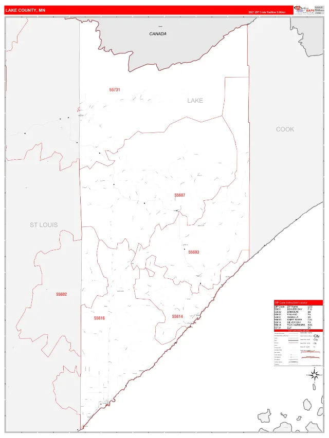 Lake County, MN ZIP Code Wall Map, RedLine style