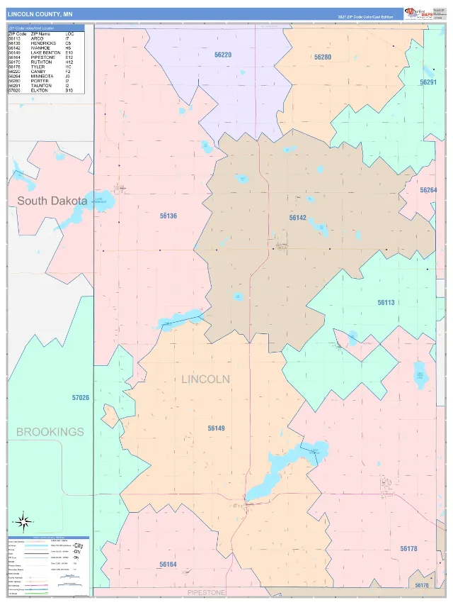 Lincoln County, MN ZIP Code Wall Map, ColorCast style