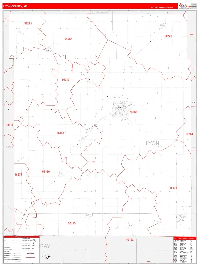 Lyon County, MN ZIP Code Wall Map, RedLine style