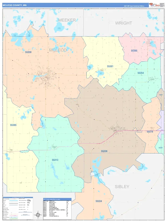 McLeod County, MN ZIP Code Wall Map, ColorCast style