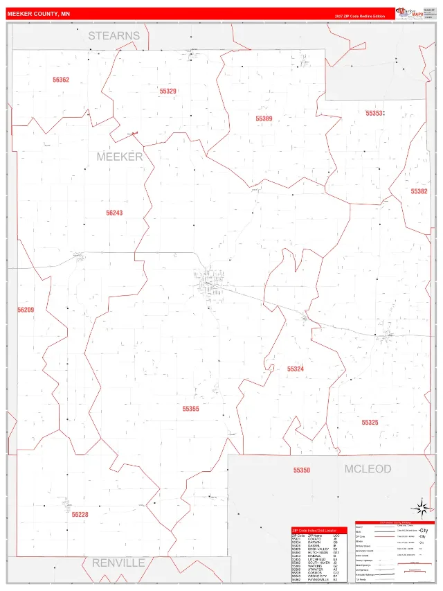 Meeker County, MN ZIP Code Wall Map, RedLine style