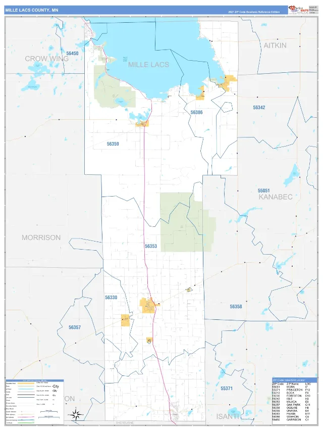 Mille Lacs County, MN ZIP Code Wall Map, Business Reference style