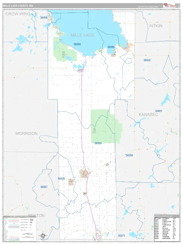 Mille Lacs County, MN ZIP Code Wall Map, Classic style