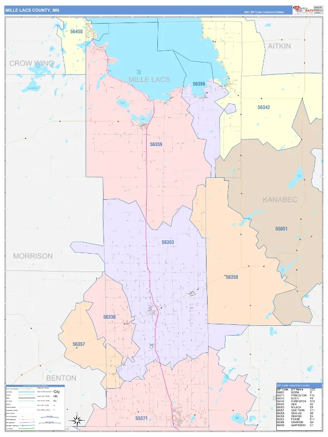 Mille Lacs County, MN ZIP Code Wall Map, ColorCast style