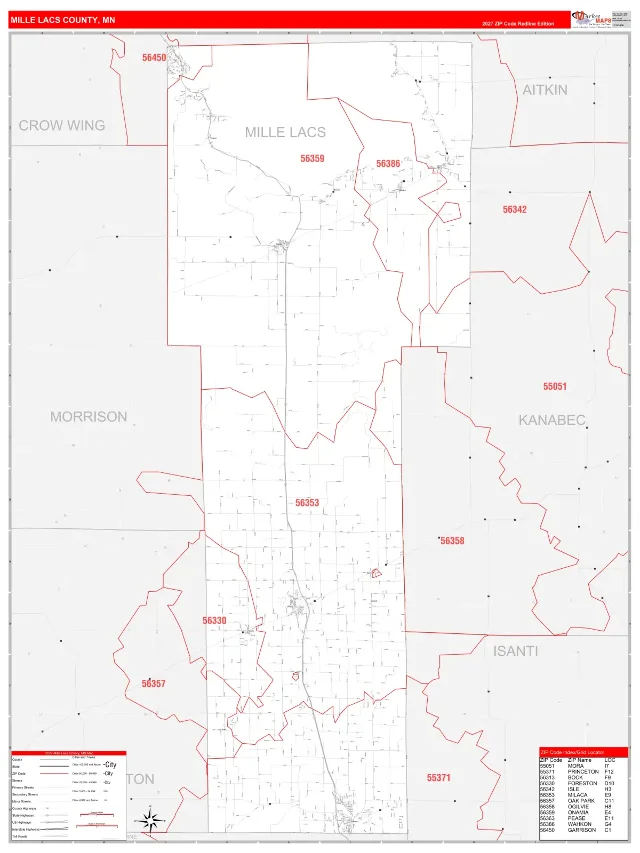Mille Lacs County, MN ZIP Code Wall Map, RedLine style