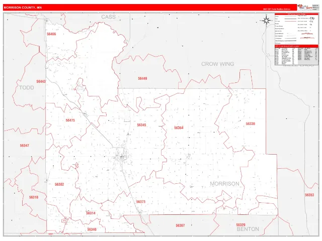 Morrison County, MN ZIP Code Wall Map, RedLine style