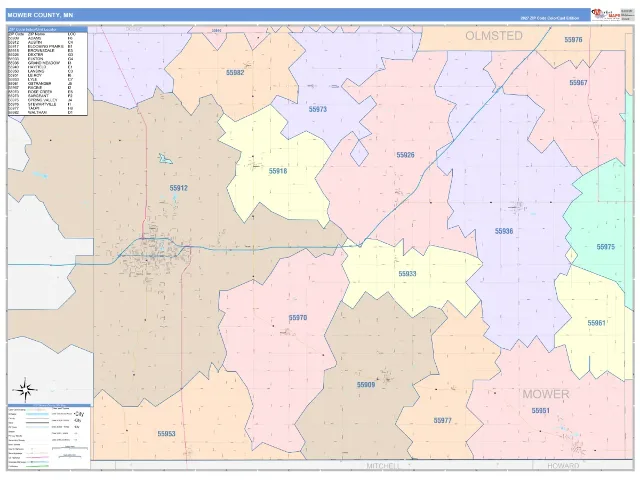 Mower County, MN ZIP Code Wall Map, ColorCast style