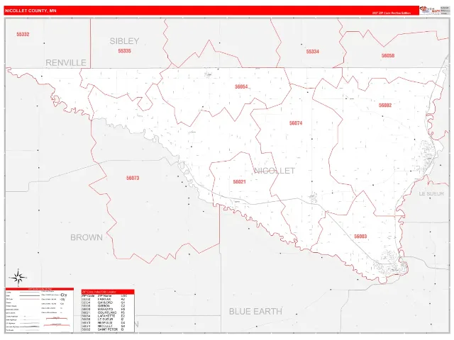 Nicollet County, MN ZIP Code Wall Map, RedLine style