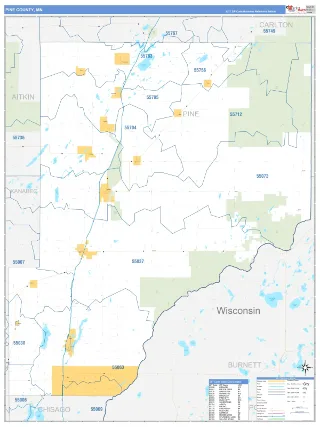 Pine County, MN Business Reference style ZIP Code wall map