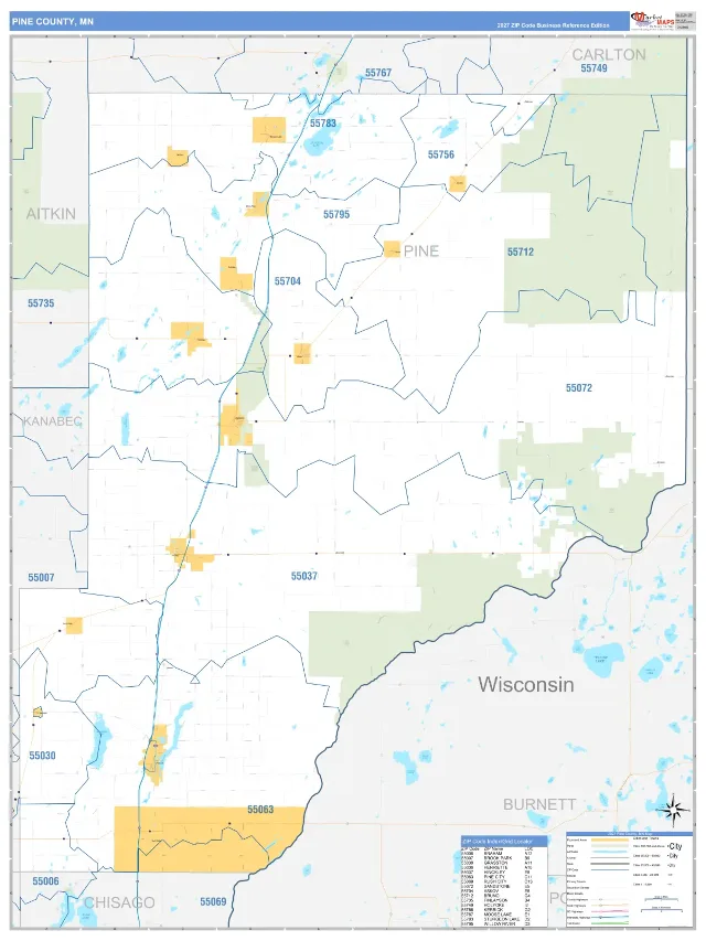 Pine County, MN ZIP Code Wall Map, Business Reference style