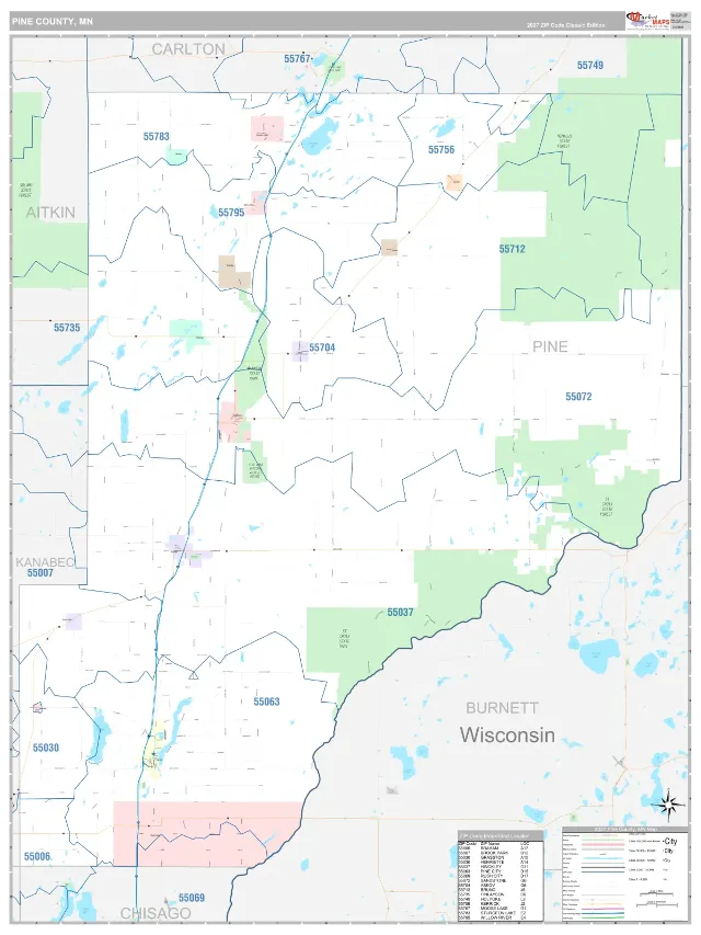 Pine County, MN ZIP Code Wall Map, Classic style