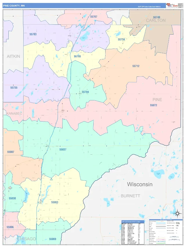 Pine County, MN ZIP Code Wall Map, ColorCast style