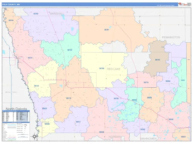 Polk County, MN ZIP Code Wall Map, ColorCast style