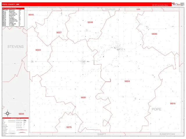 Pope County, MN ZIP Code Wall Map, RedLine style