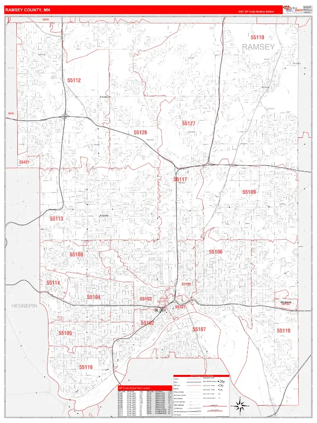 Ramsey County, MN ZIP Code Wall Map, RedLine style