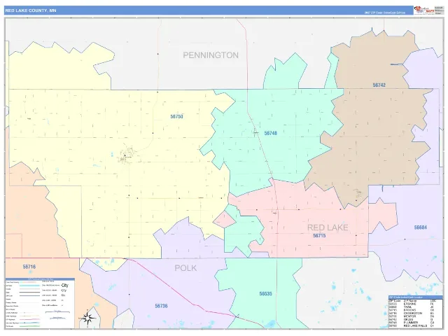 Red Lake County, MN ZIP Code Wall Map, ColorCast style