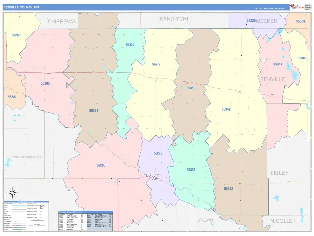 Renville County, MN ZIP Code Wall Map, ColorCast style