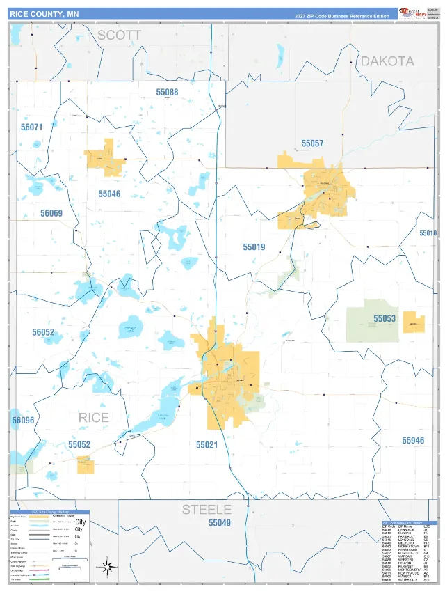 Rice County, MN ZIP Code Wall Map, Business Reference style
