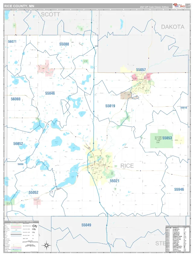 Rice County, MN ZIP Code Wall Map, Classic style